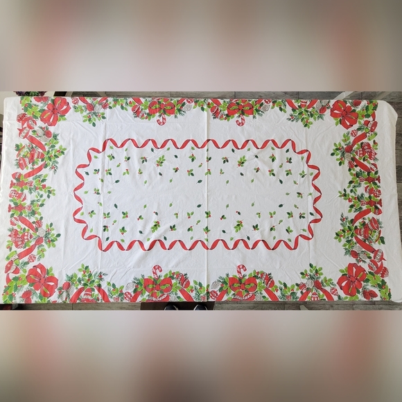Vintage MCM Christmas Cotton Tablecloth 57 x 82 Holiday Bells Ribbon Pinecones